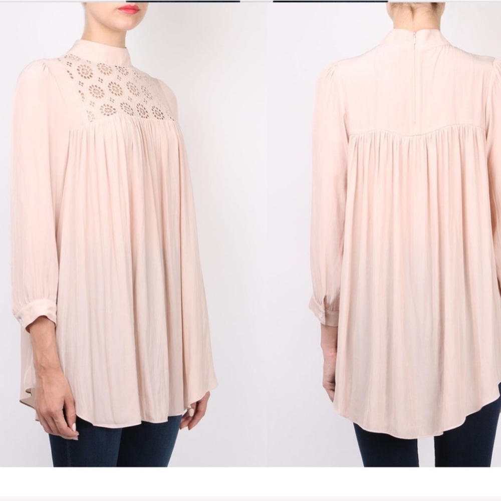 SMYTHE Blush Eyelet Detail 3/4 Sleeve Tunic Blouse